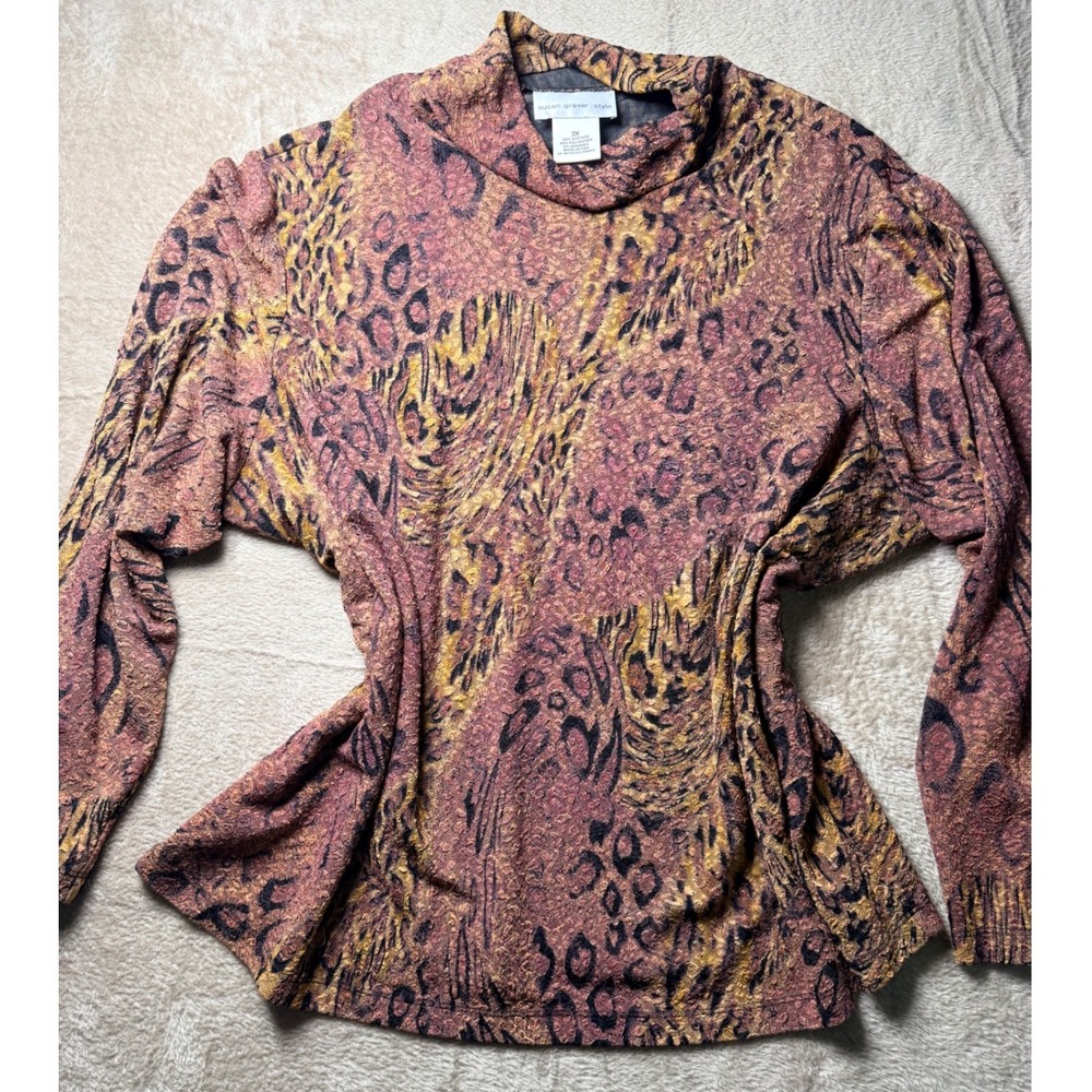 Susan Graver Style Animal Print‎ Mock Neck Top Mauve Gold 2X 90s Indiesleee
